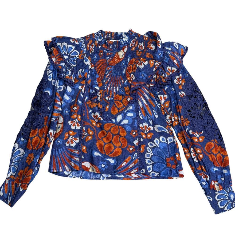 Farm Rio Pineapple Flowers Navy Ruffled Blouse Size XS - Picture 15 of 16